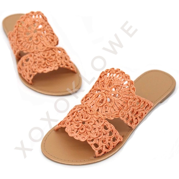 Boho Coral Crochet Raffia Slide Sandals - Picture 11 of 13